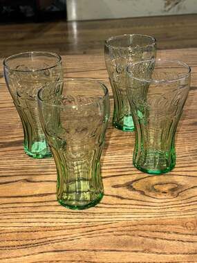 Set of 4 Green 16 Ounces Coca-Cola Drinking Glasses by Libbey Glass, Green Glass